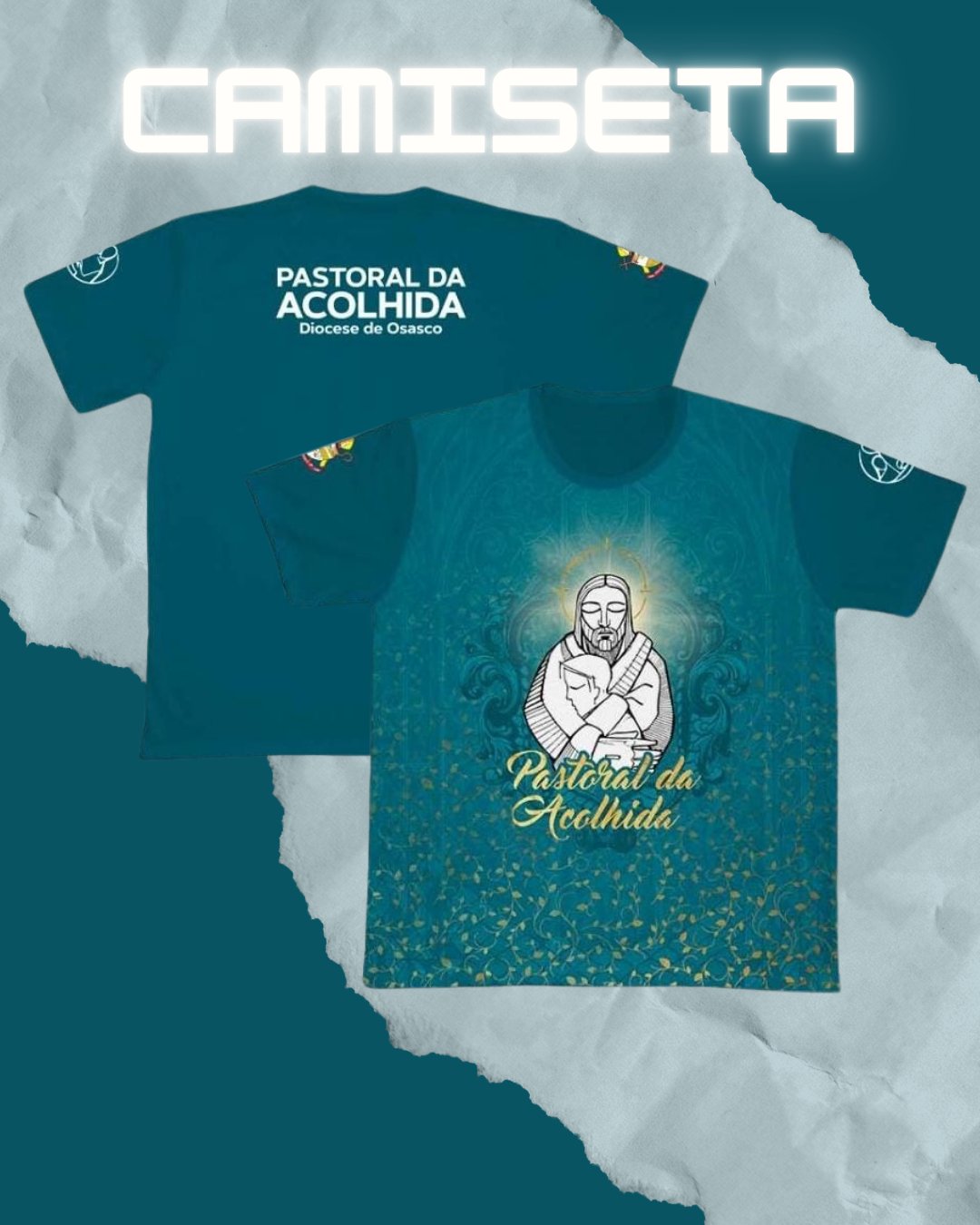 Camiseta da Pastoral da Acolhida, frente e costas